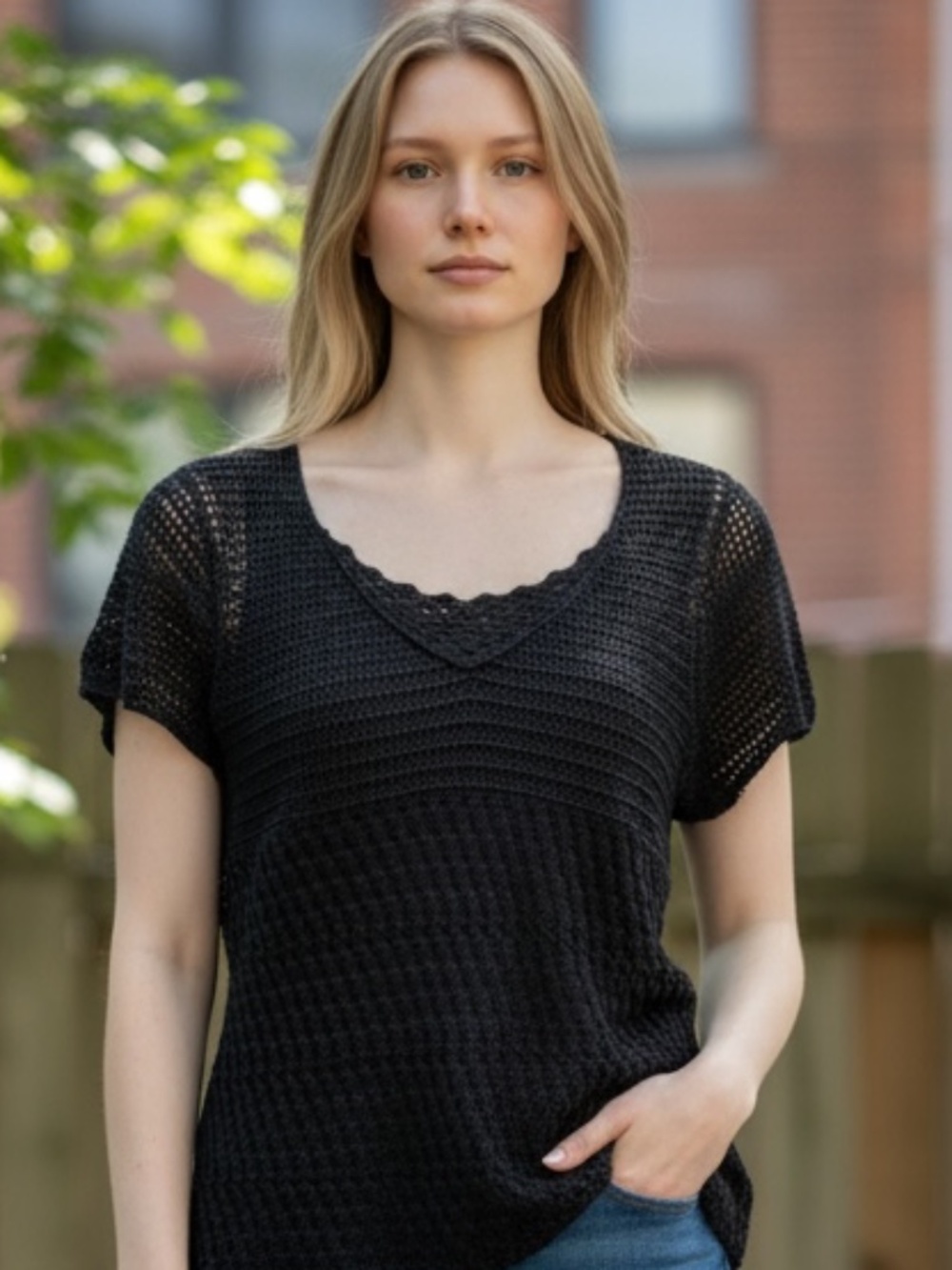 Emma James • Black Beaded Crochet Knit Top • Lined • S